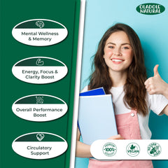 Oladole Natural Korean red ginseng capsules UAE image of smiling student holding notebooks thumbs up with benefit icons
