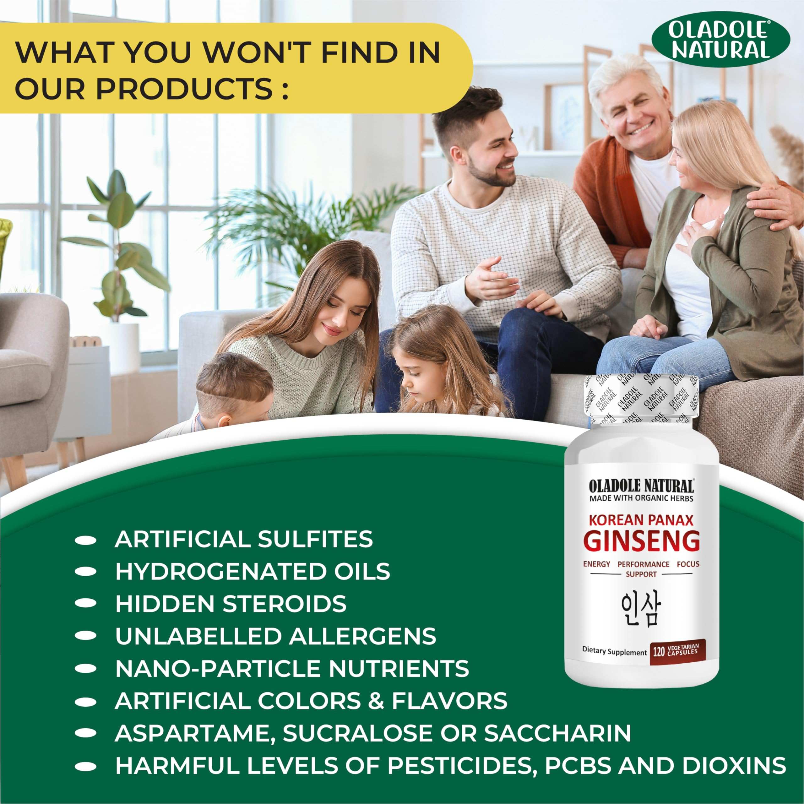 Oladole Natural bottle of Korean red ginseng capsules UAE beside happy family and product ingredients list