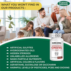 Oladole Natural bottle of Korean red ginseng capsules UAE beside happy family and product ingredients list