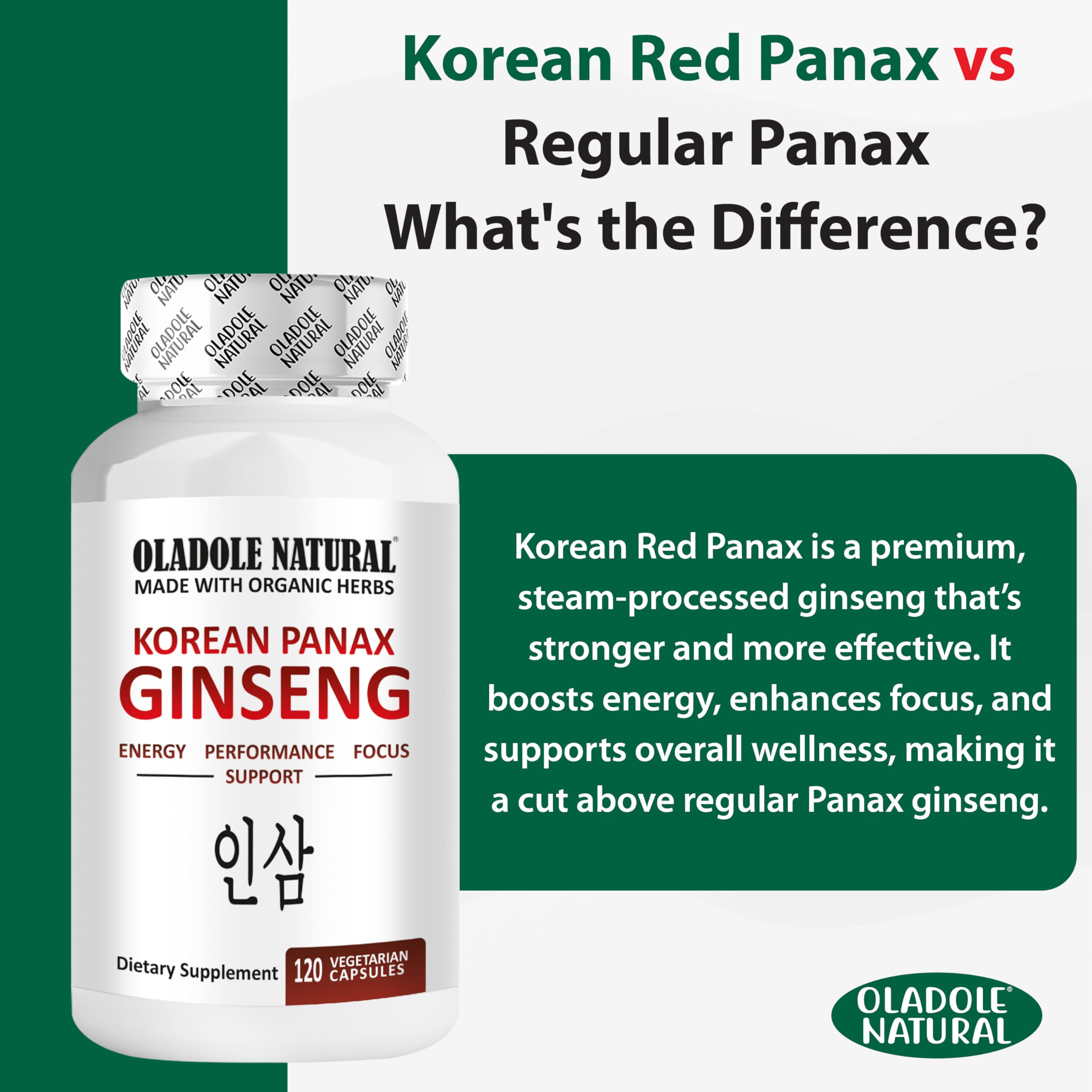 Oladole Natural Korean Panax Ginseng bottle and info panel promoting benefits Korean red ginseng capsules UAE