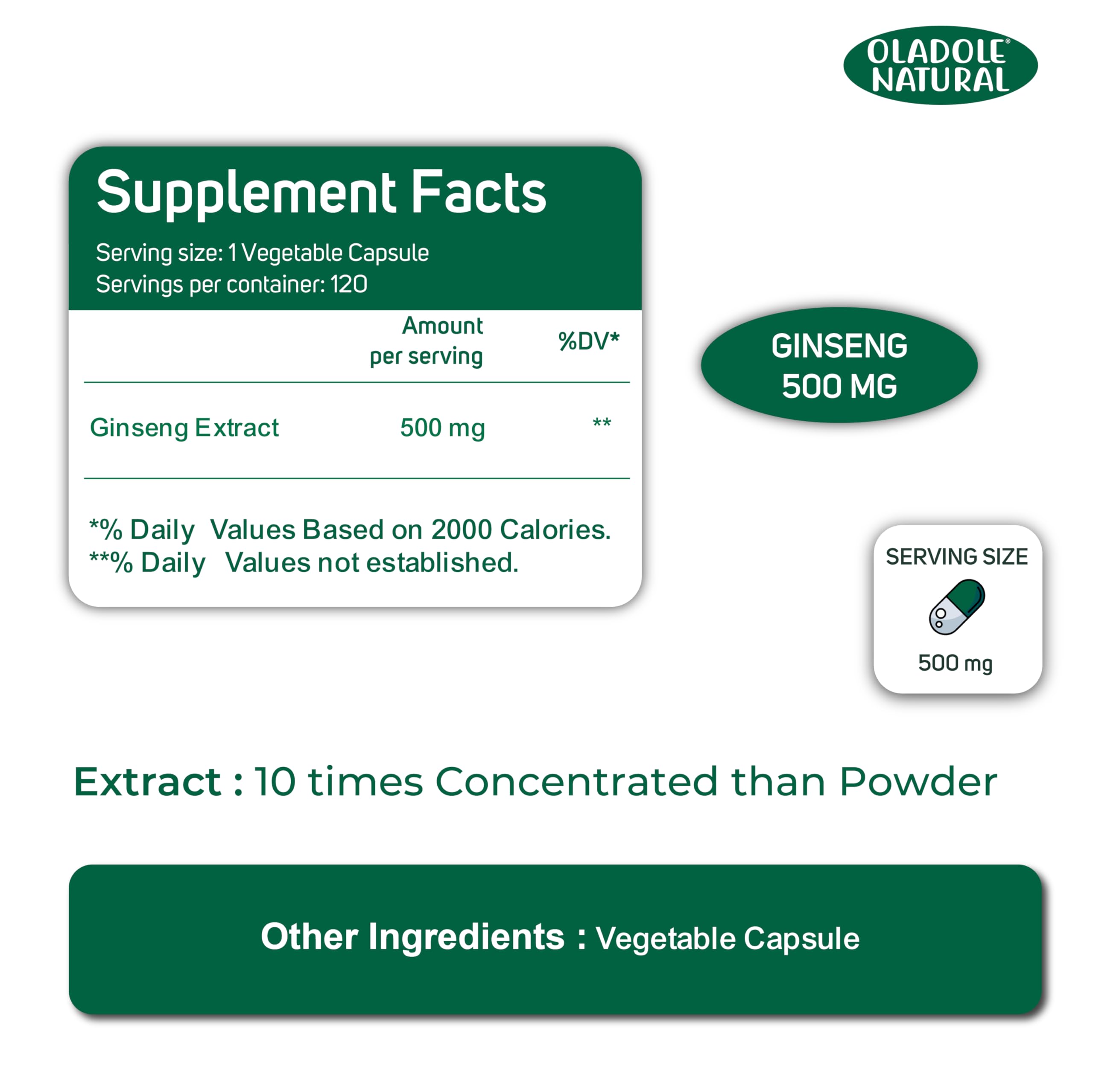 Korean red ginseng capsules UAE Oladole Natural supplement facts label showing 500 mg ginseng extract per vegetable capsule
