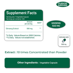 Korean red ginseng capsules UAE Oladole Natural supplement facts label showing 500 mg ginseng extract per vegetable capsule