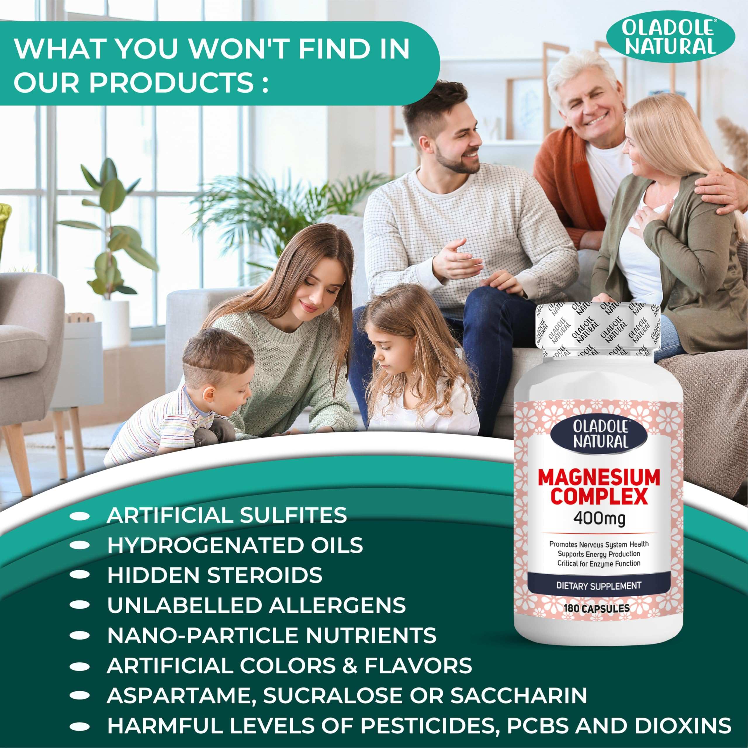 Oladole Natural bottle of magnesium complex with family scene and product claims magnesium 400mg supplement UAE