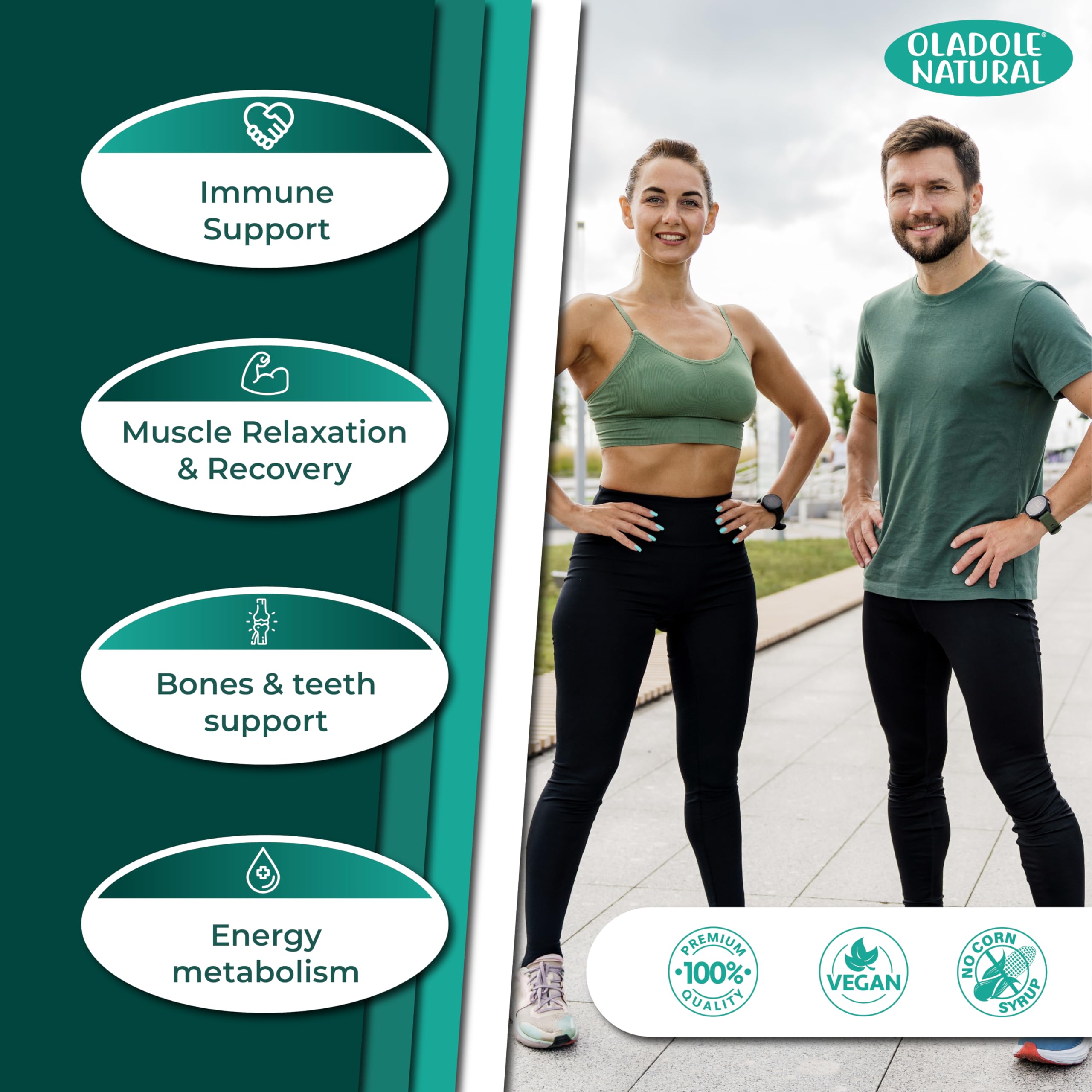Oladole Natural product image with fit man and woman benefits icons listed and vegan badge magnesium 400mg supplement UAE