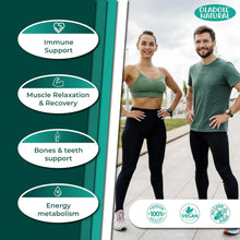 Two adults standing in a yoga stretch while supplement benefit icons appear