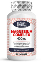 Magnesium complex 400 mg supplement bottle with 180 capsules, white and pink label