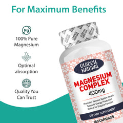 Oladole Natural Magnesium Complex 400mg bottle with label and benefit icons promoting magnesium 400mg supplement UAE
