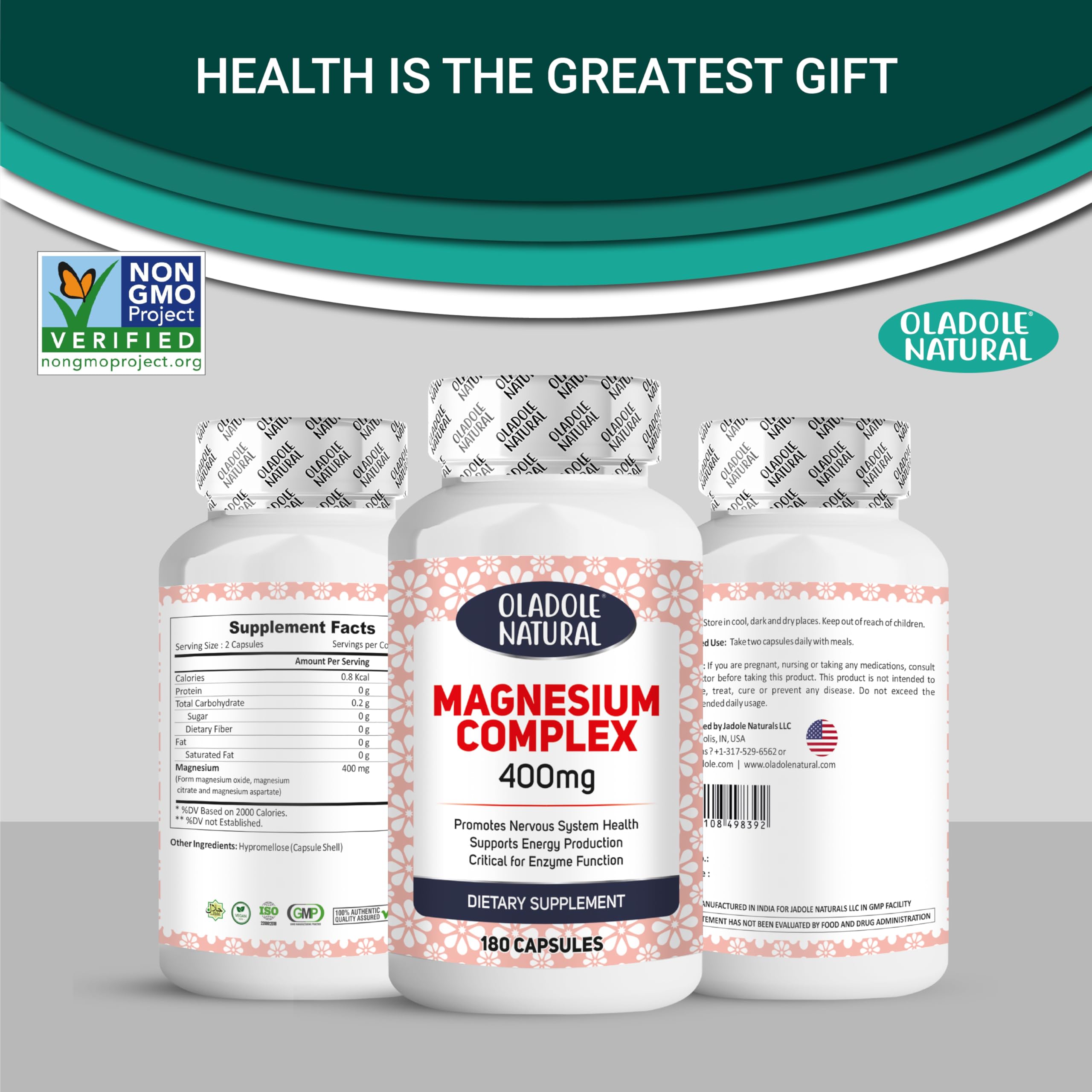 Oladole Natural magnesium 400mg supplement UAE three white bottles of Magnesium Complex 180 capsules