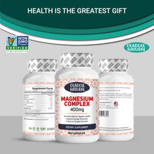 Three magnesium complex 400 mg supplement bottles with supplement facts labels