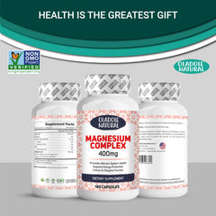 Oladole Natural magnesium 400mg supplement UAE three white bottles of Magnesium Complex 180 capsules