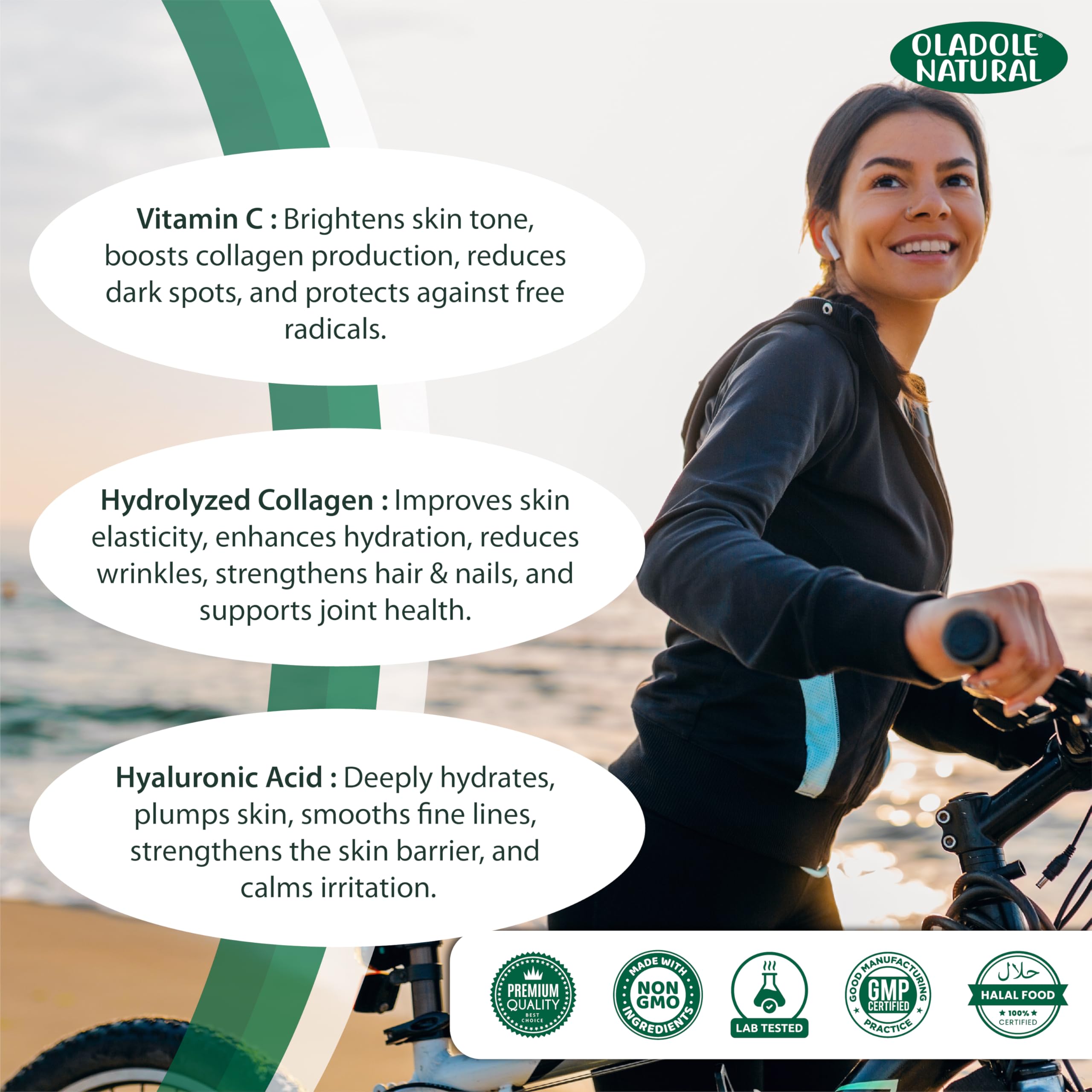 Oladole Natural marine collagen peptides powder UAE label with benefits listed and smiling woman biking by the beach