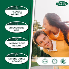 Oladole Natural pack graphic showing benefits with smiling couple outdoors marine collagen peptides powder UAE