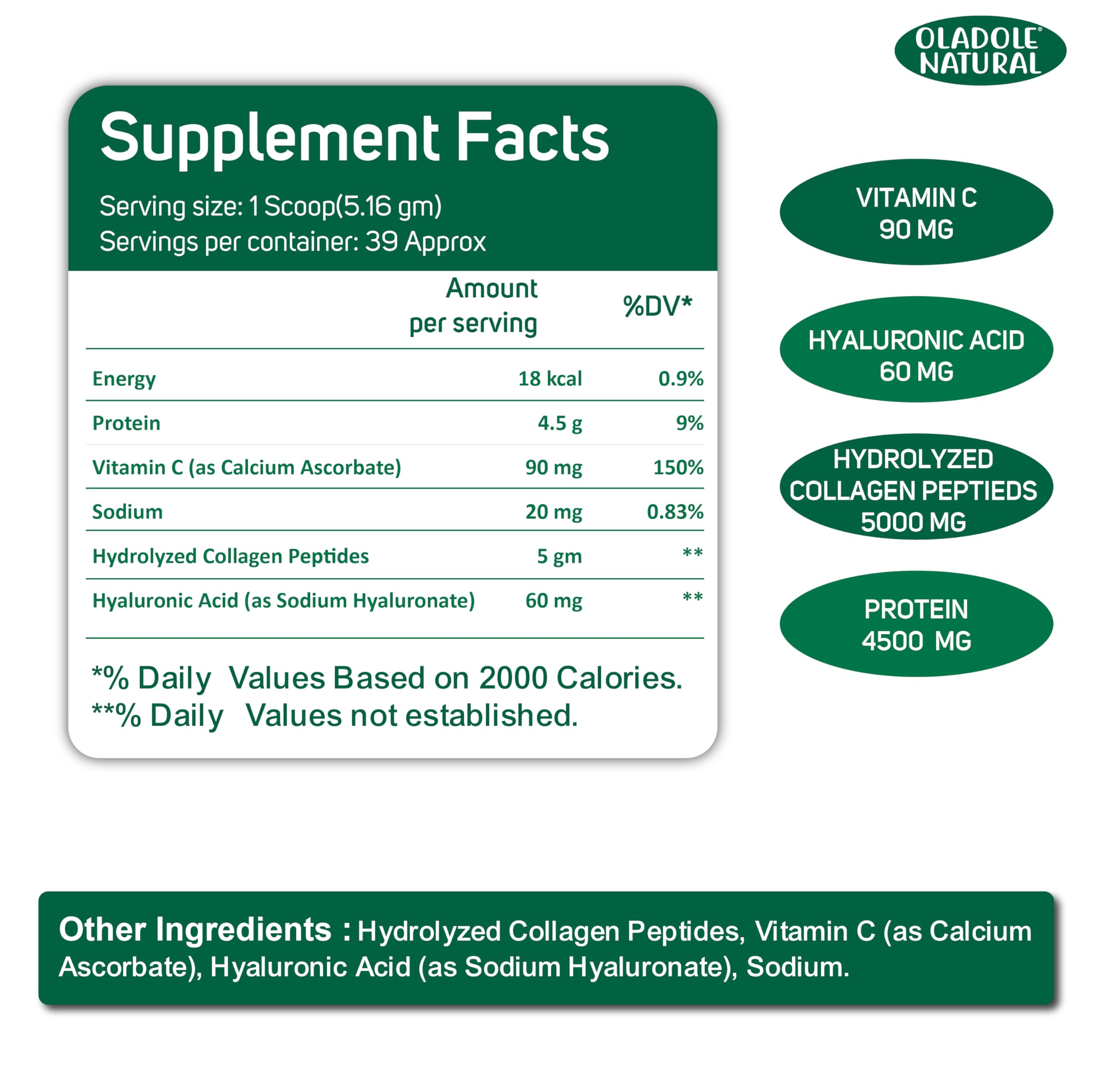 Oladole Natural marine collagen peptides powder UAE label showing hydrolyzed collagen 5000 mg and hyaluronic acid 60 mg