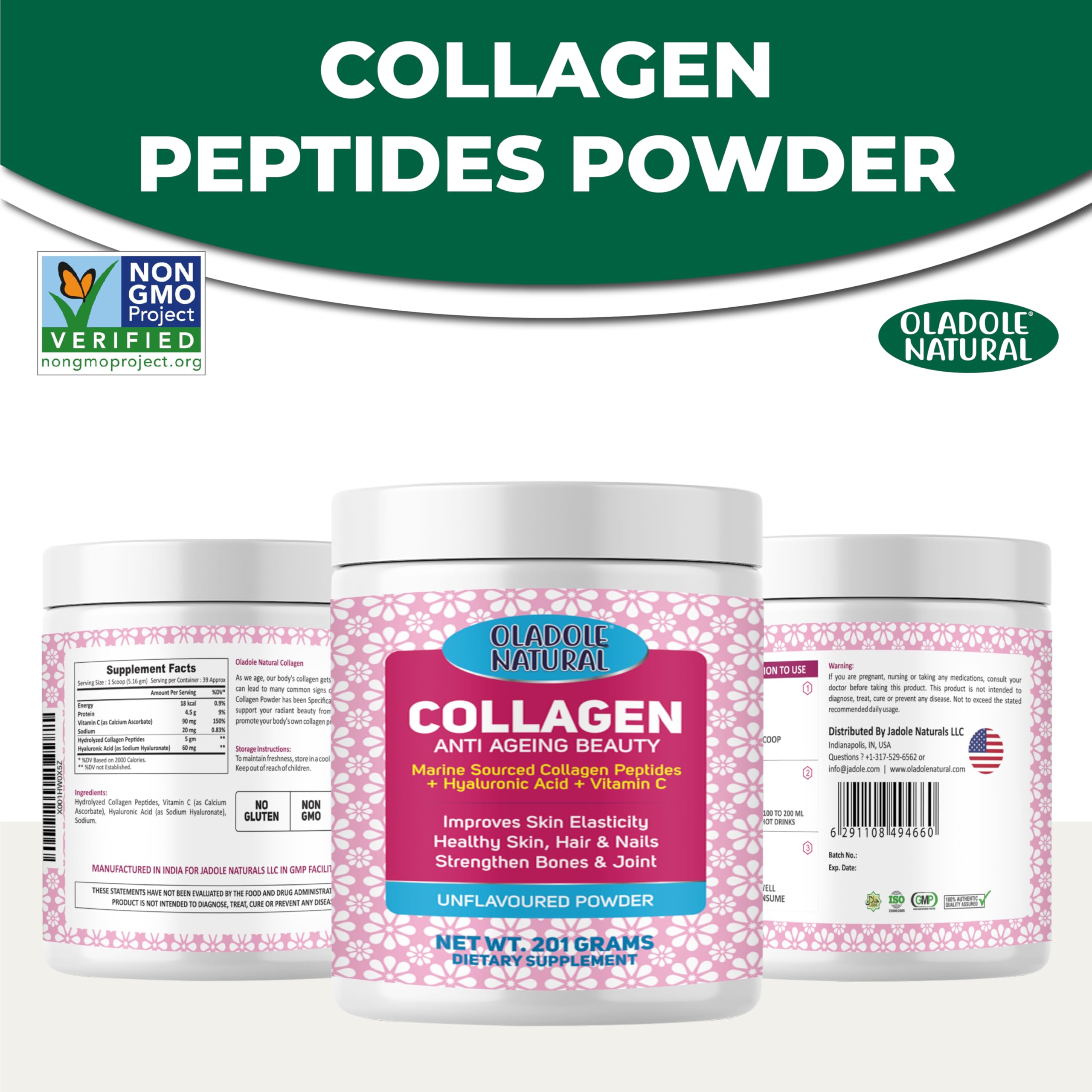 Oladole Natural Collagen jar with front and back labels unflavoured beauty supplement marine collagen peptides powder UAE