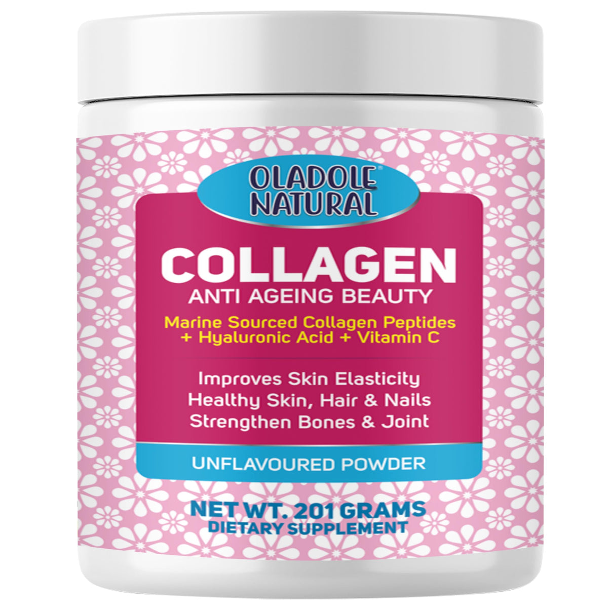 Oladole Natural Collagen anti ageing unflavoured powder jar with pink label marine collagen peptides powder UAE