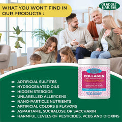 Oladole Natural marine collagen peptides powder UAE tub with family scene and clean ingredient claims