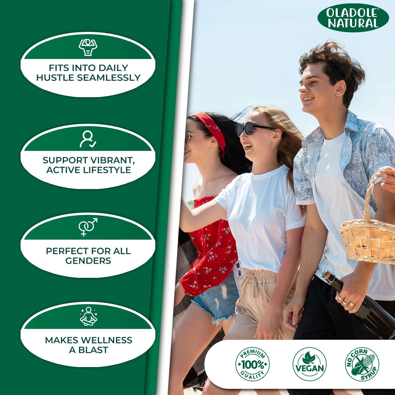 Oladole Natural trio outdoors with picnic and icons showcasing natural slimming weight loss pills for active lifestyle