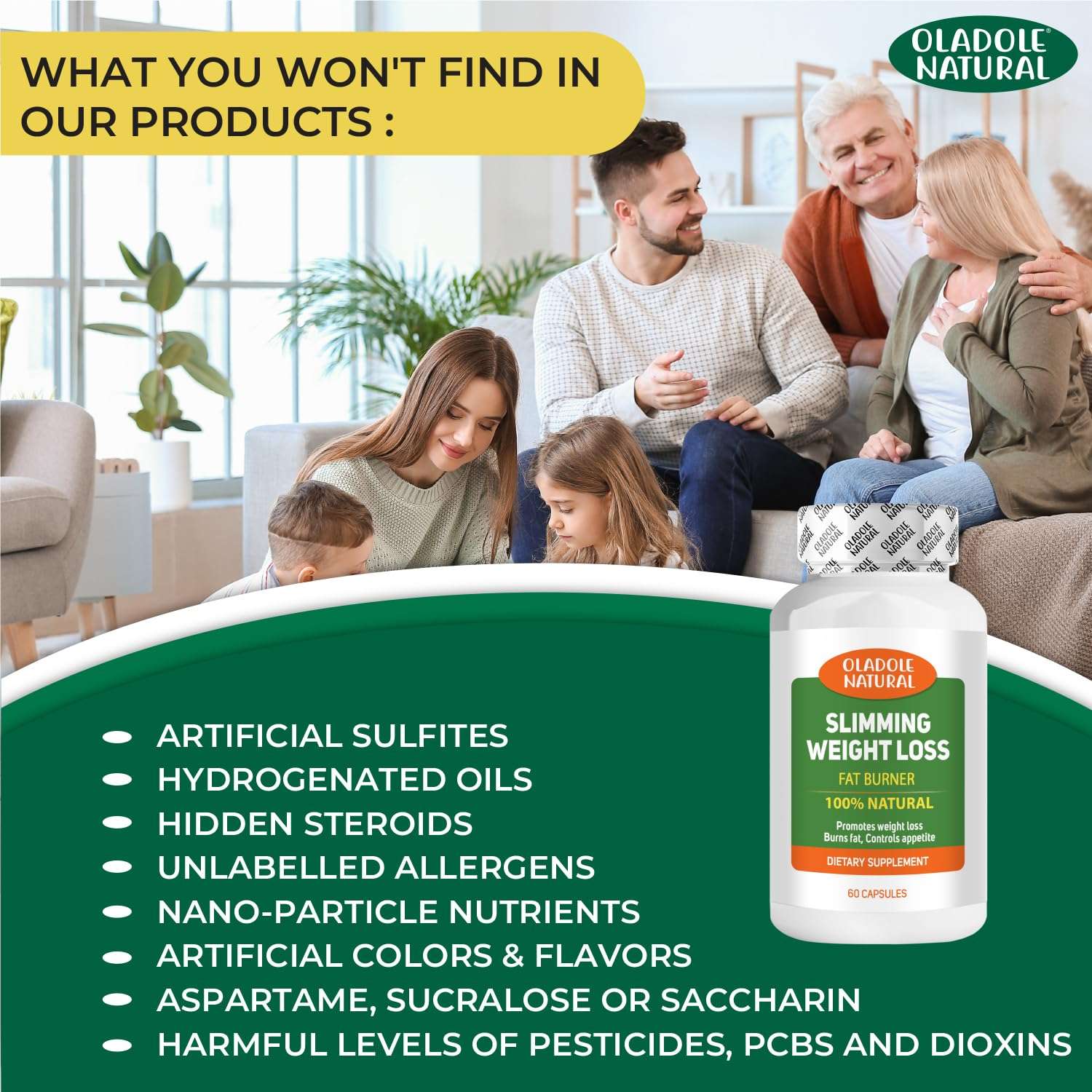 Oladole Natural bottle and family scene with ingredient safety claims natural slimming weight loss pills