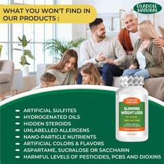 Oladole Natural bottle and family scene with ingredient safety claims natural slimming weight loss pills