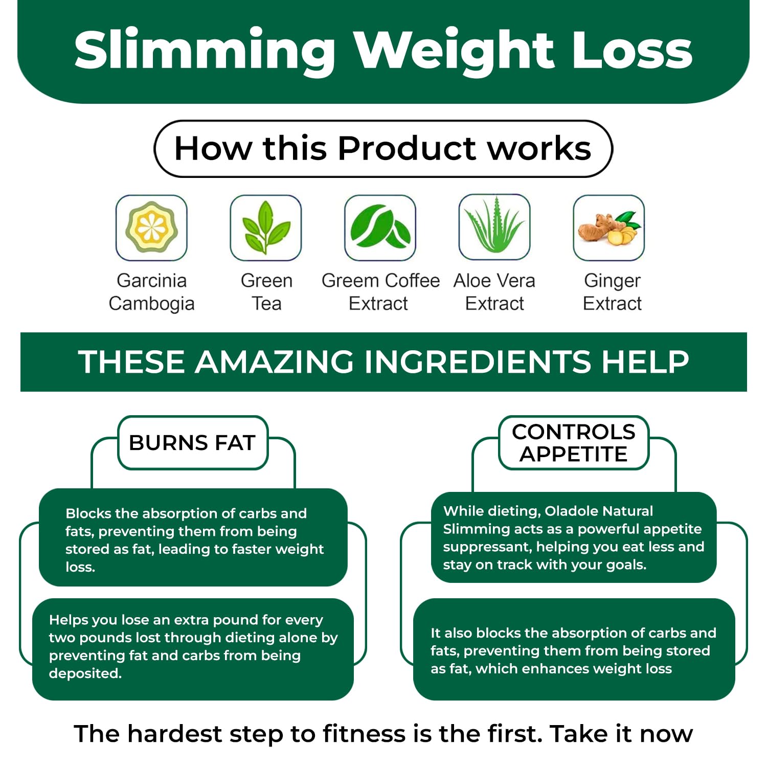 Oladole Natural label showing ingredients and benefits of natural slimming weight loss pills with garcinia