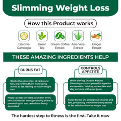 Oladole Natural label showing ingredients and benefits of natural slimming weight loss pills with garcinia
