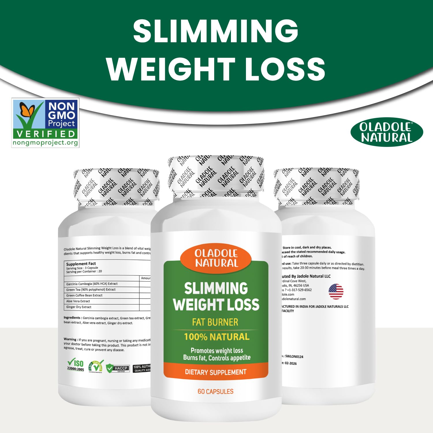 Oladole Natural three white bottles of natural slimming weight loss pills front label fat burner 100 percent natural