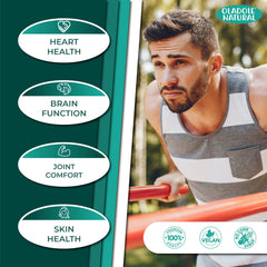 Oladole Natural omega-3 fish oil 2000mg softgels label showing active man exercising and health benefit icons