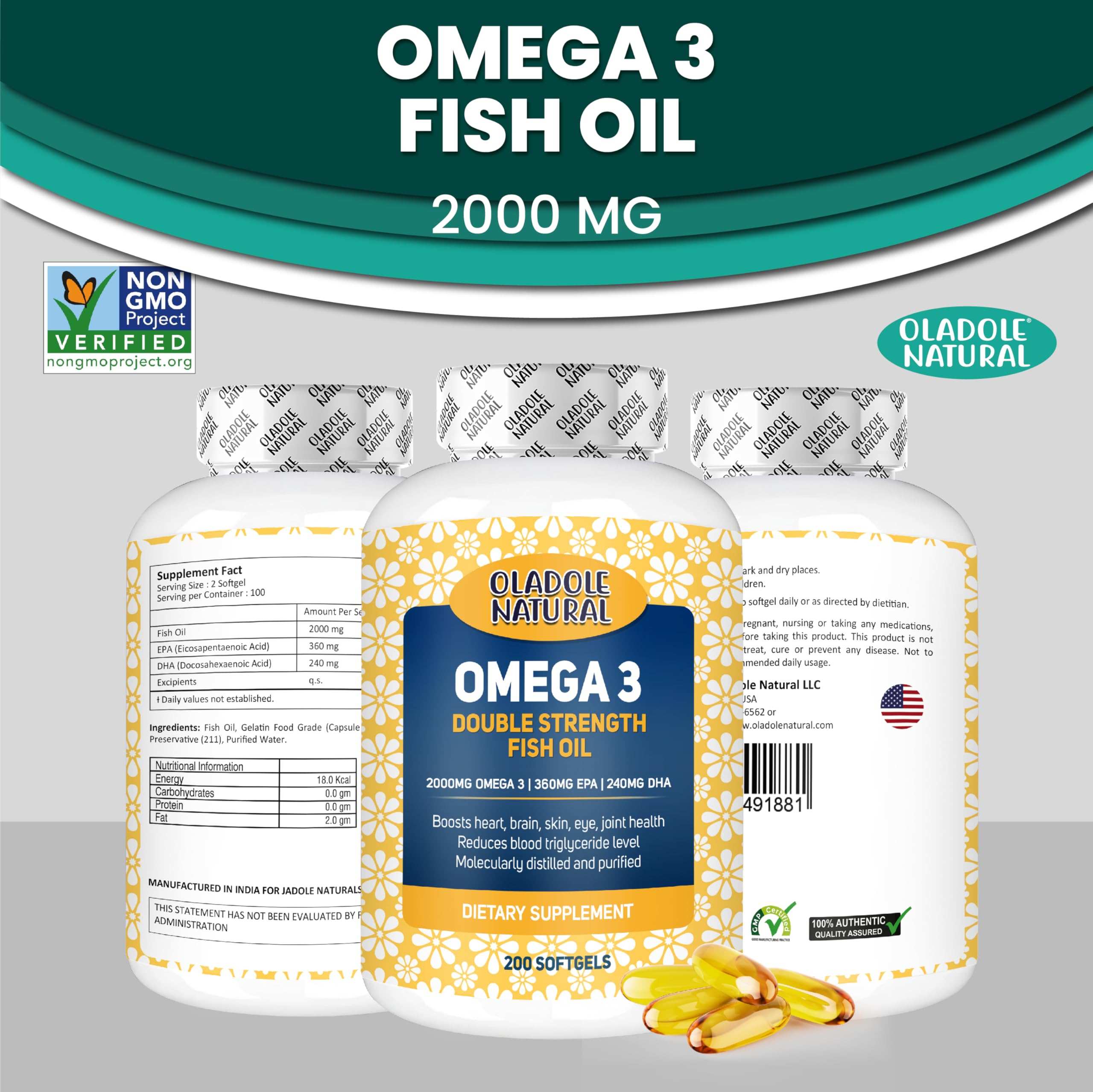 Oladole Natural bottle trio showing omega-3 fish oil 2000mg softgels double strength capsules