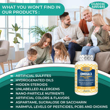 Omega-3 fish oil product claims panel listing ingredient exclusions, with bottle thumbnail