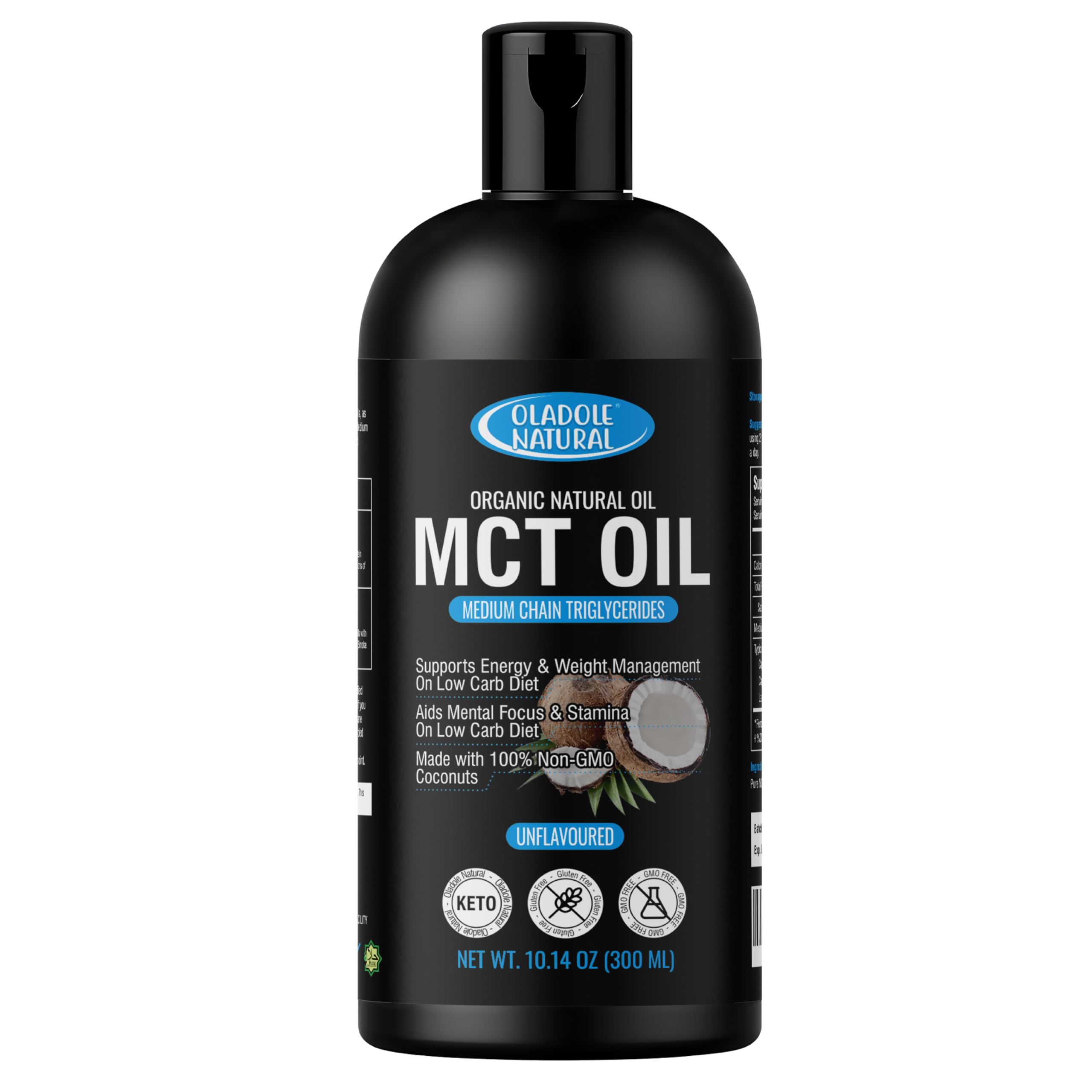 Oladole Natural black 300ml bottle of unflavored organic MCT oil UAE with coconut label
