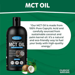 Oladole Natural organic MCT oil UAE bottle with coconuts and product info on green background