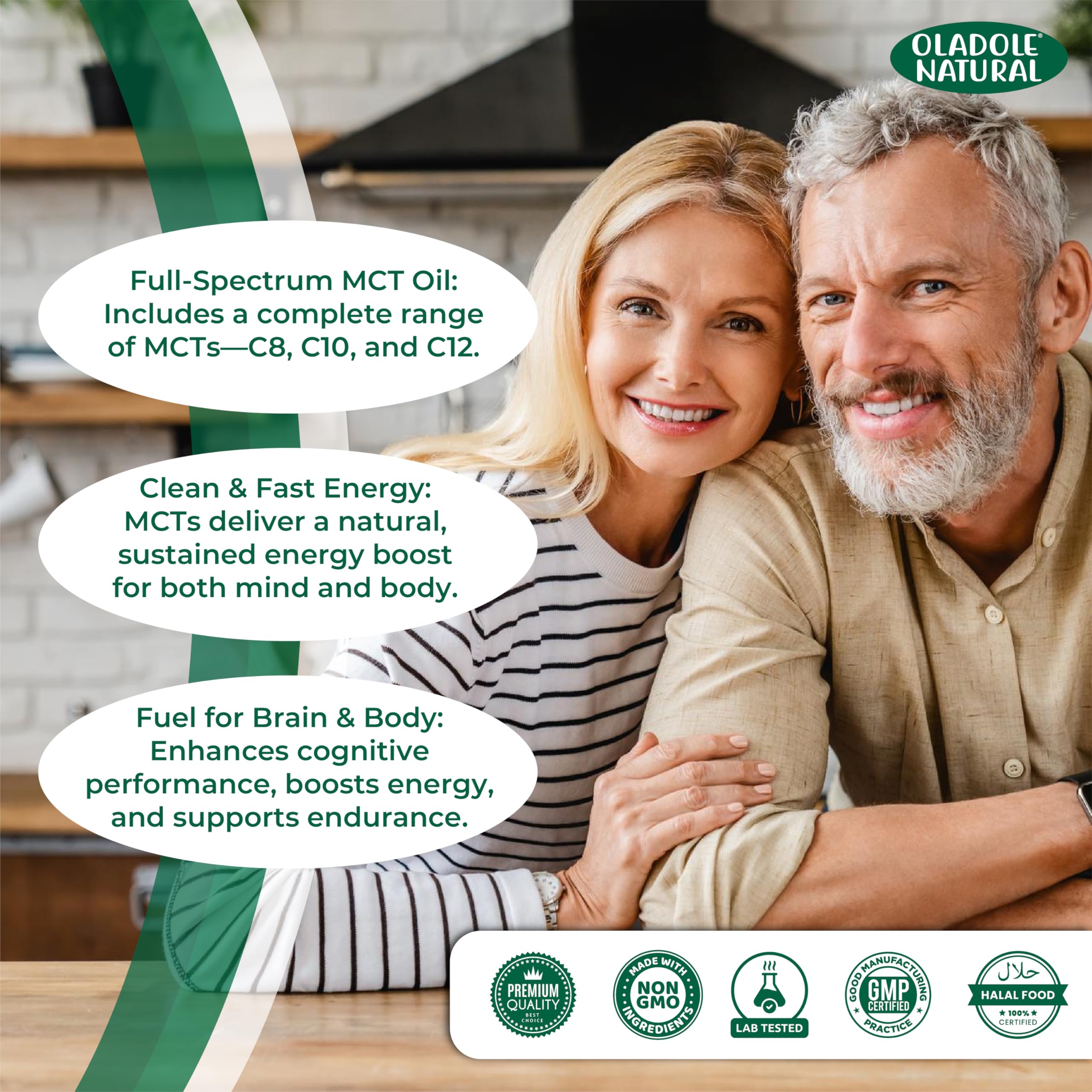 Oladole Natural organic MCT oil UAE product graphic with smiling couple in kitchen and benefits C8 C10 C12 non GMO halal