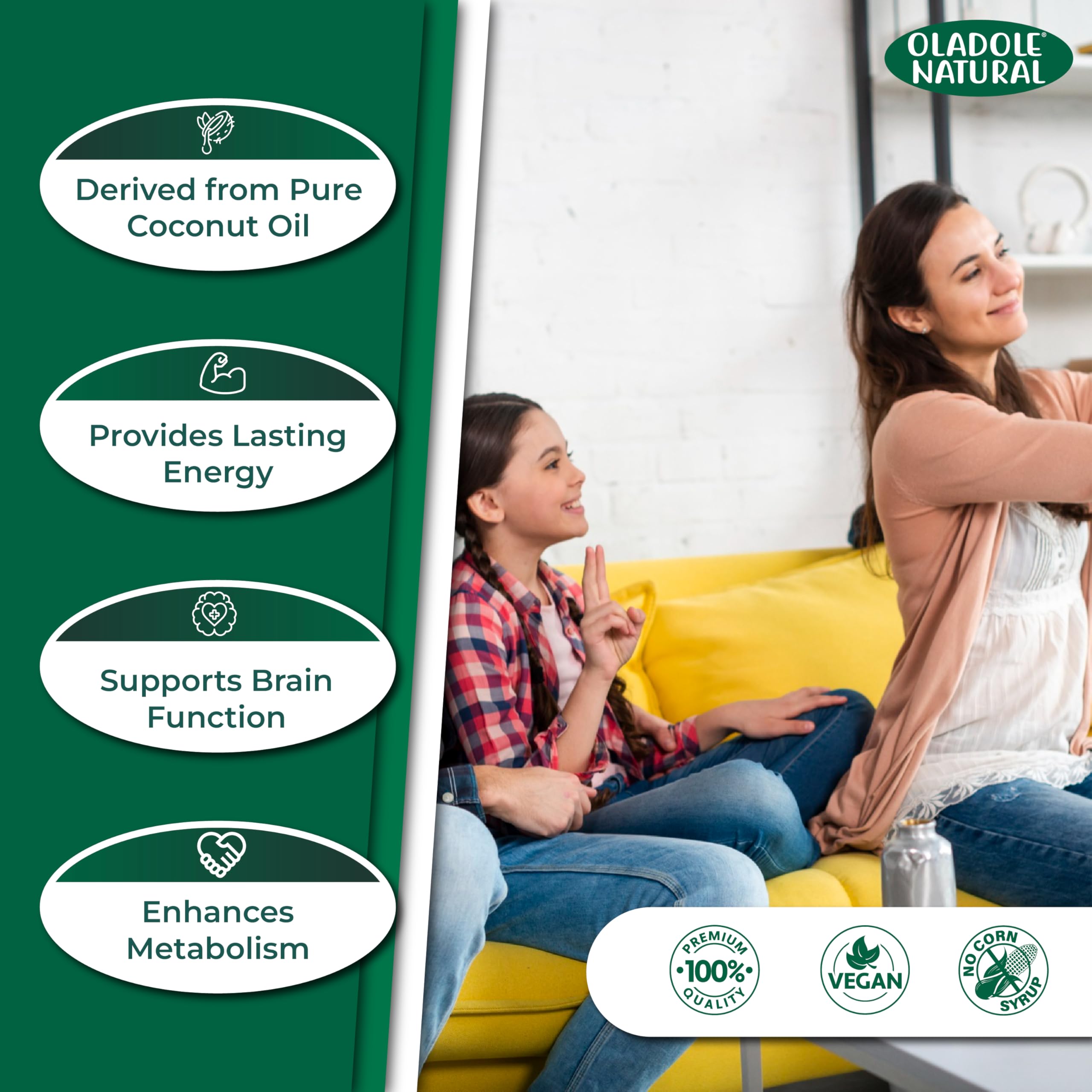 Oladole Natural promotional image showing family on sofa and benefit panel for organic MCT oil UAE from coconut