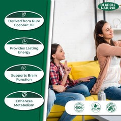 Oladole Natural promotional image showing family on sofa and benefit panel for organic MCT oil UAE from coconut
