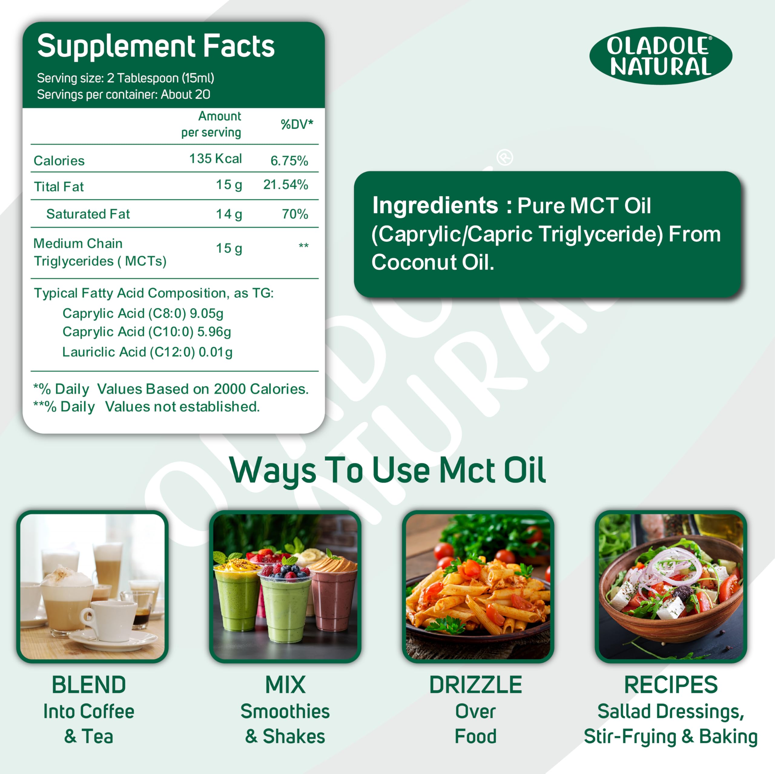 Oladole Natural product label showing supplement facts ingredients and uses for organic MCT oil UAE