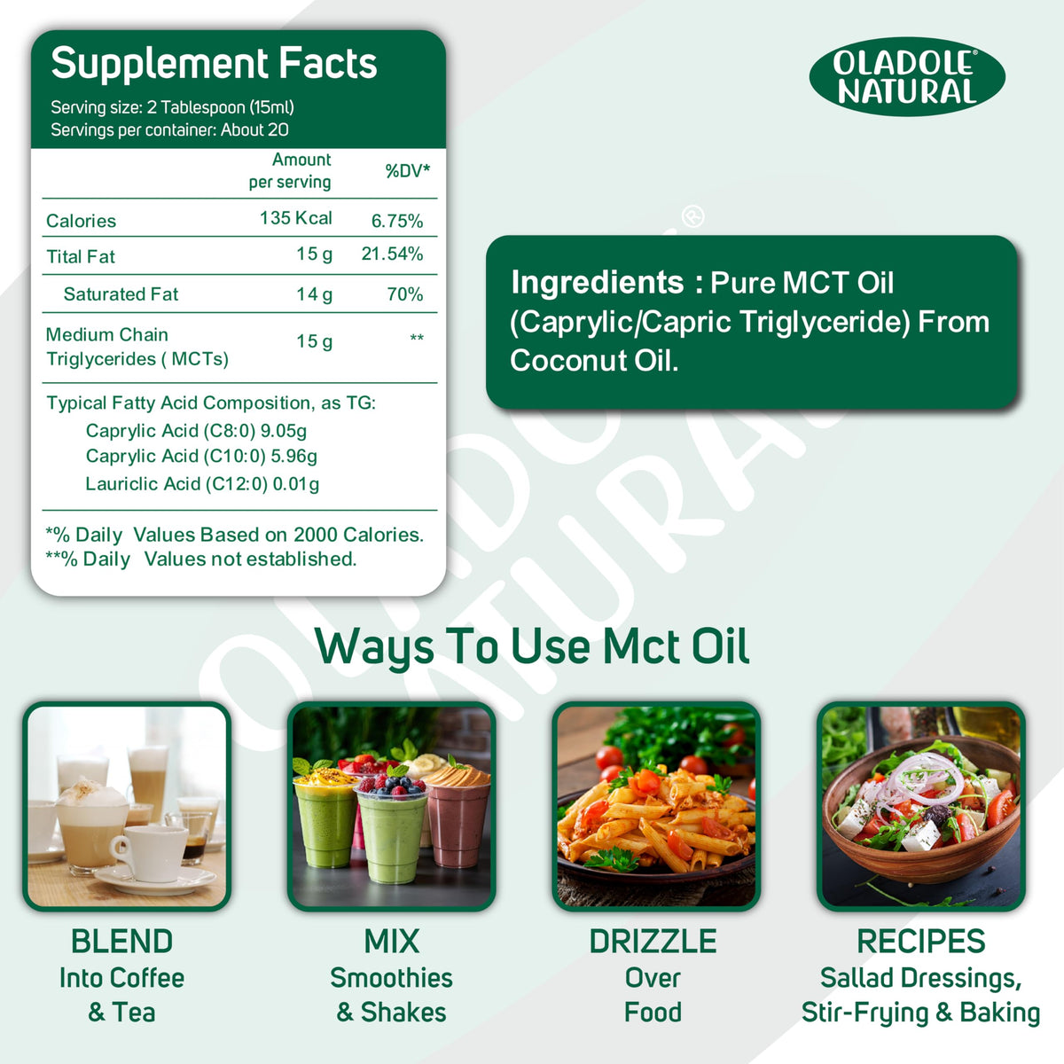 Oladole Natural product label showing supplement facts ingredients and uses for organic MCT oil UAE