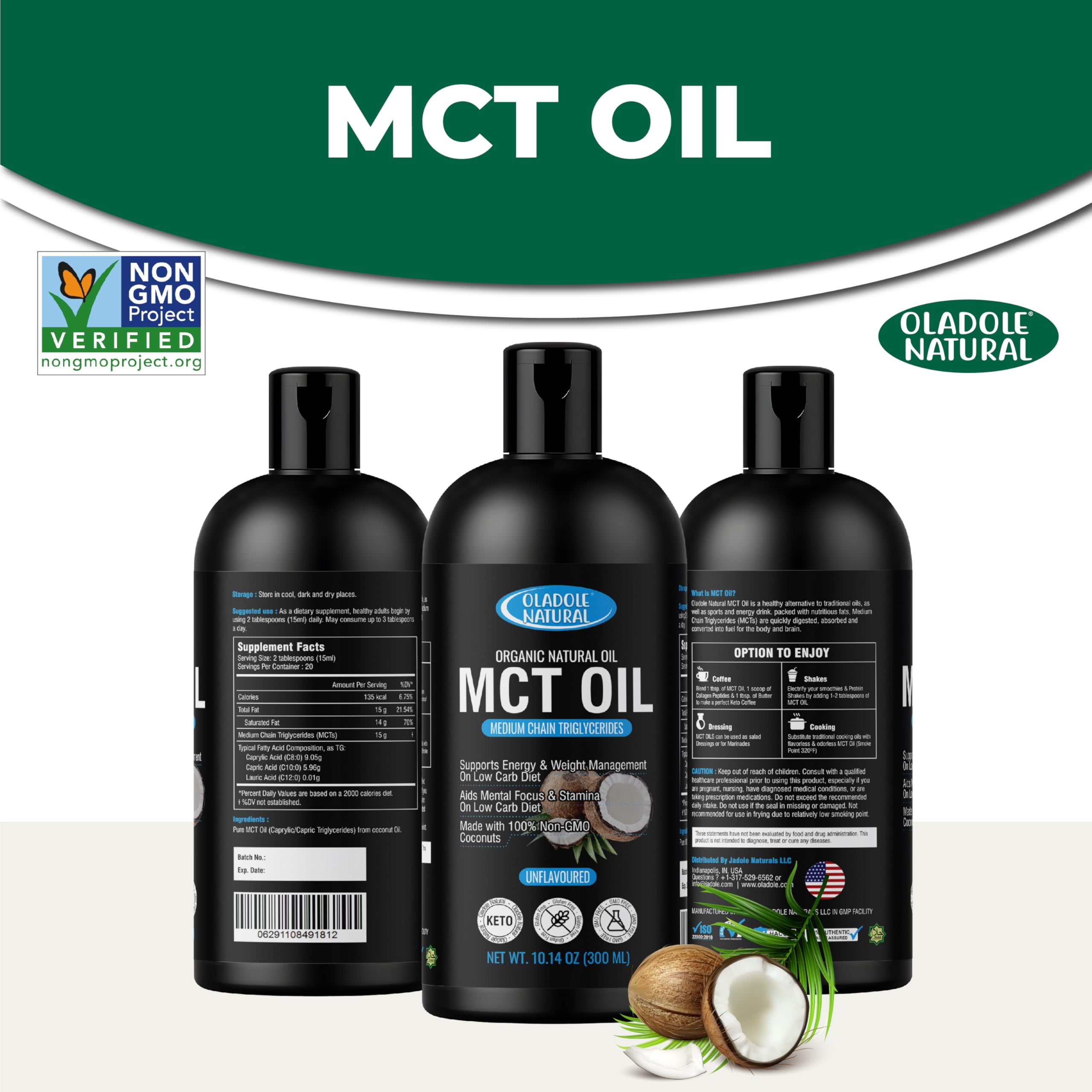 Oladole Natural MCT Oil bottles with coconut illustration and Non GMO badge organic MCT oil UAE