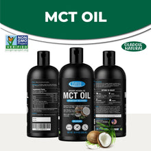 Three MCT Oil bottles with certification marks and coconut pieces