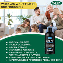 Oladole Natural organic MCT oil UAE bottle with happy family and list of excluded additives