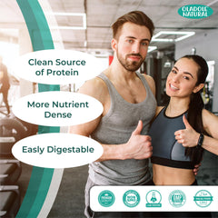 Fit couple in gym giving thumbs up next to Oladole Natural logo and product claims for organic plant based protein powder