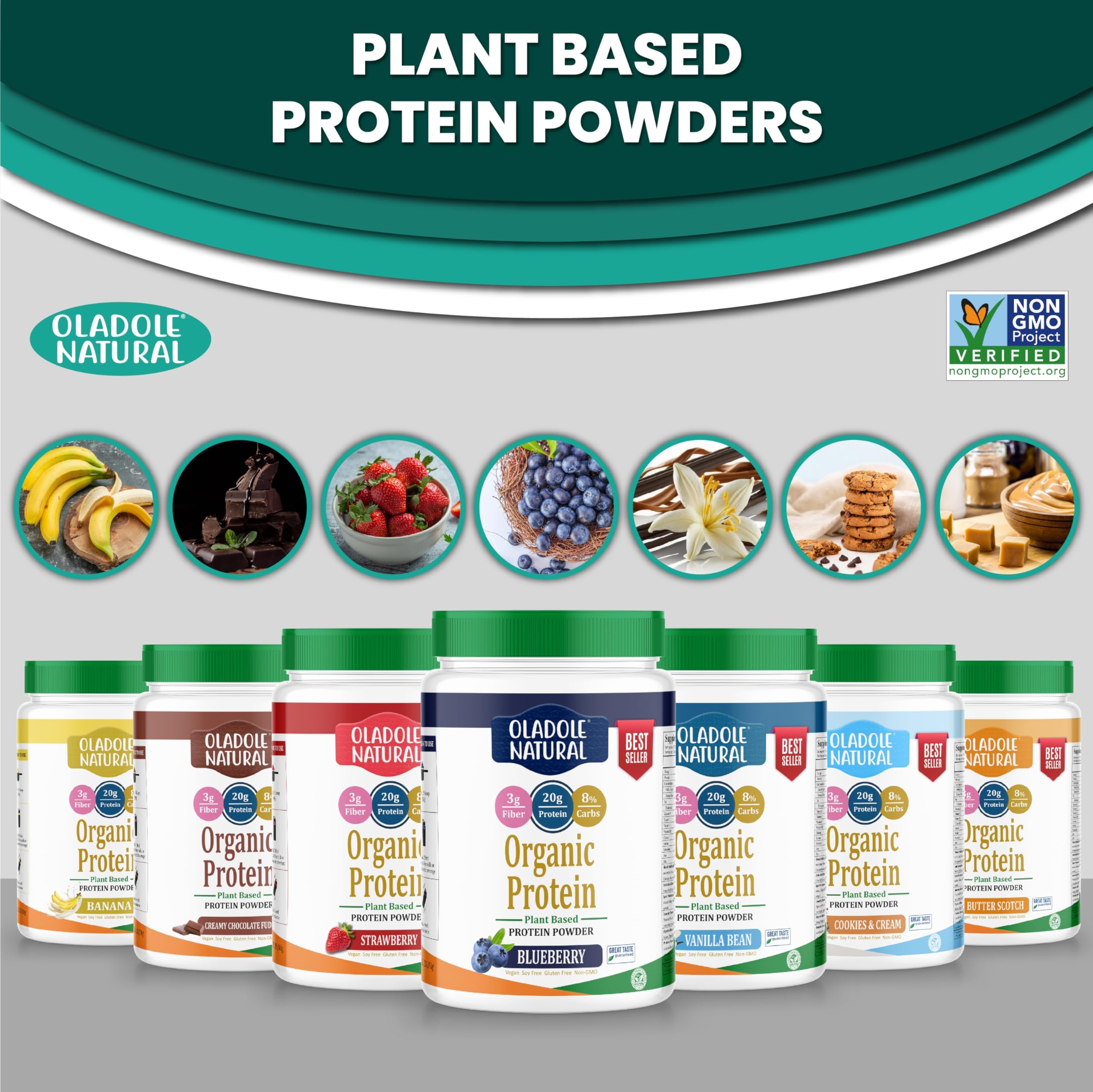 Oladole Natural organic plant based protein powder assortment tubs in various flavors with fruit icons