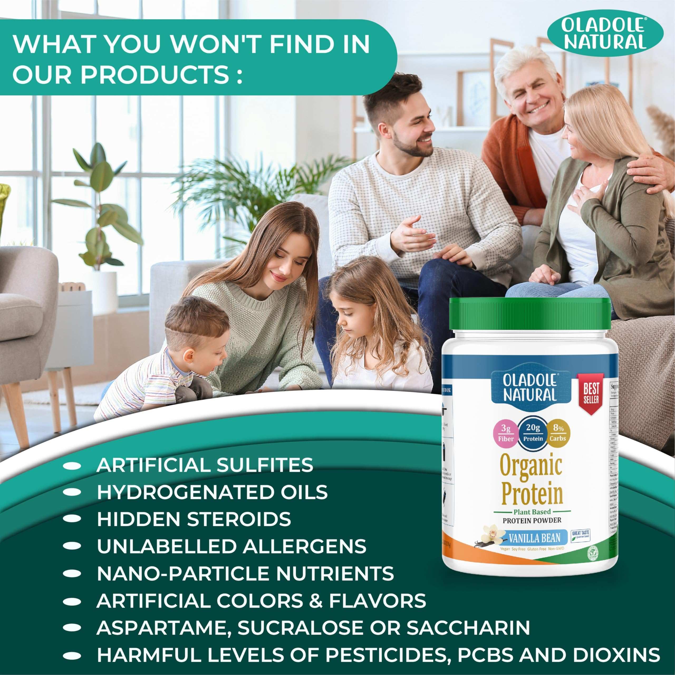 Oladole Natural container of organic plant based protein powder vanilla bean beside smiling family and ingredient claims