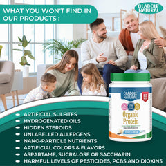 Oladole Natural container of organic plant based protein powder vanilla bean beside smiling family and ingredient claims