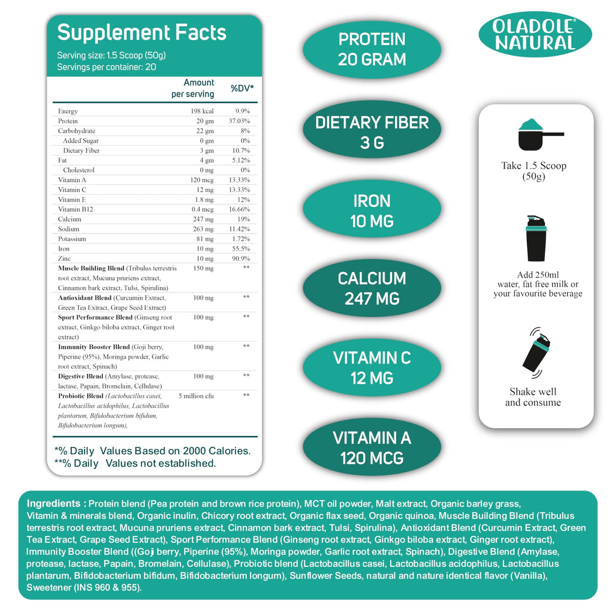 Oladole Natural label showing organic plant based protein powder nutrition facts 20g protein serving