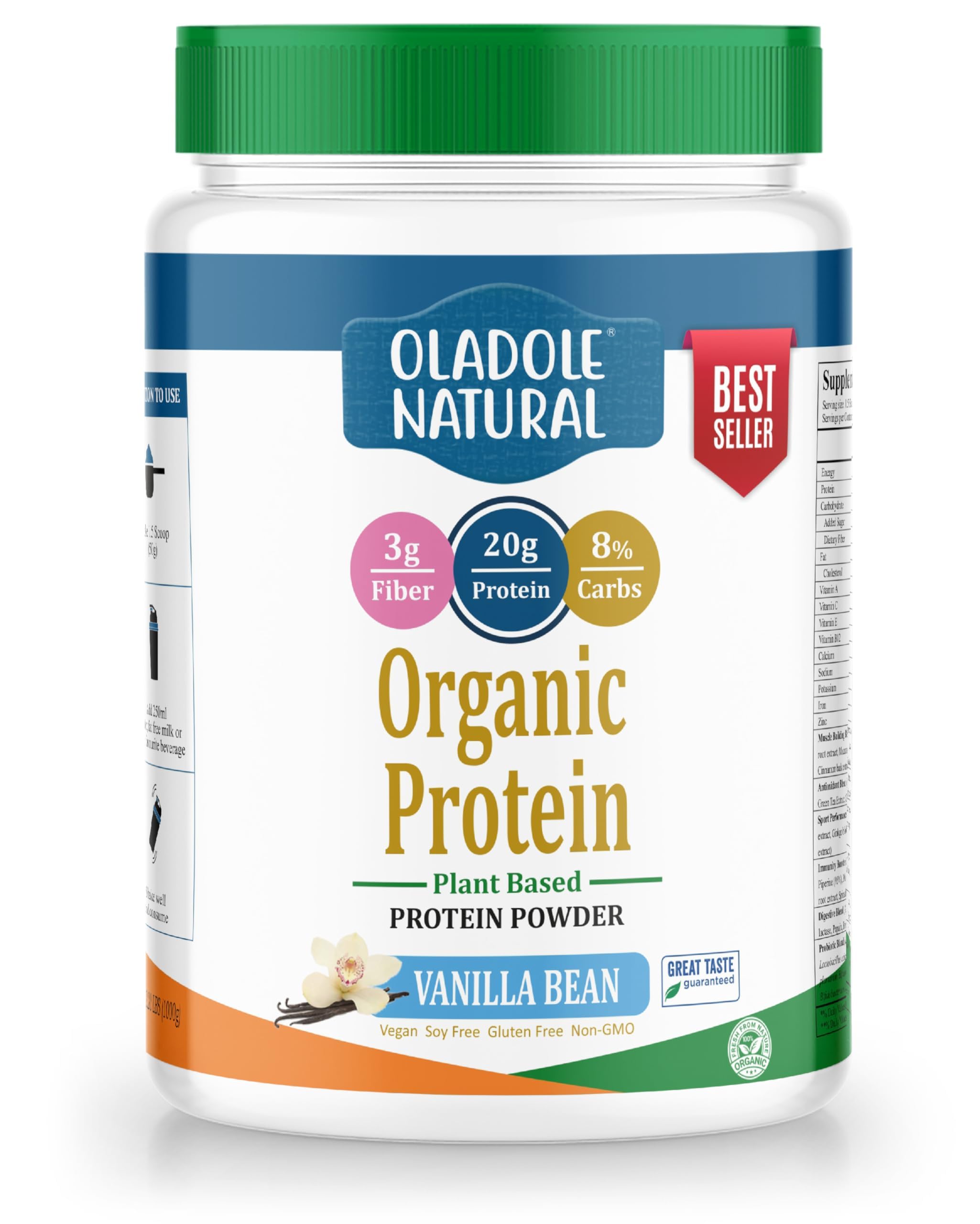 Oladole Natural vanilla bean organic plant based protein powder in white jar with green lid and best seller label