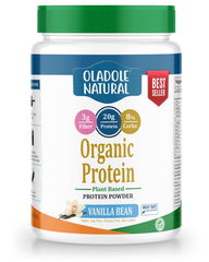 Oladole Natural vanilla bean organic plant based protein powder in white jar with green lid and best seller label