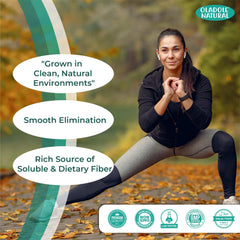Oladole Natural image of woman stretching outdoors with benefit labels for psyllium husk capsules UAE
