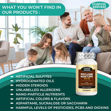 Psyllium husk supplement bottle with infographic text about ingredients and allergens