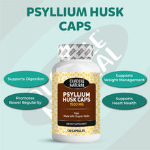 Psyllium husk supplement bottle with 1500 mg label and health benefit icons