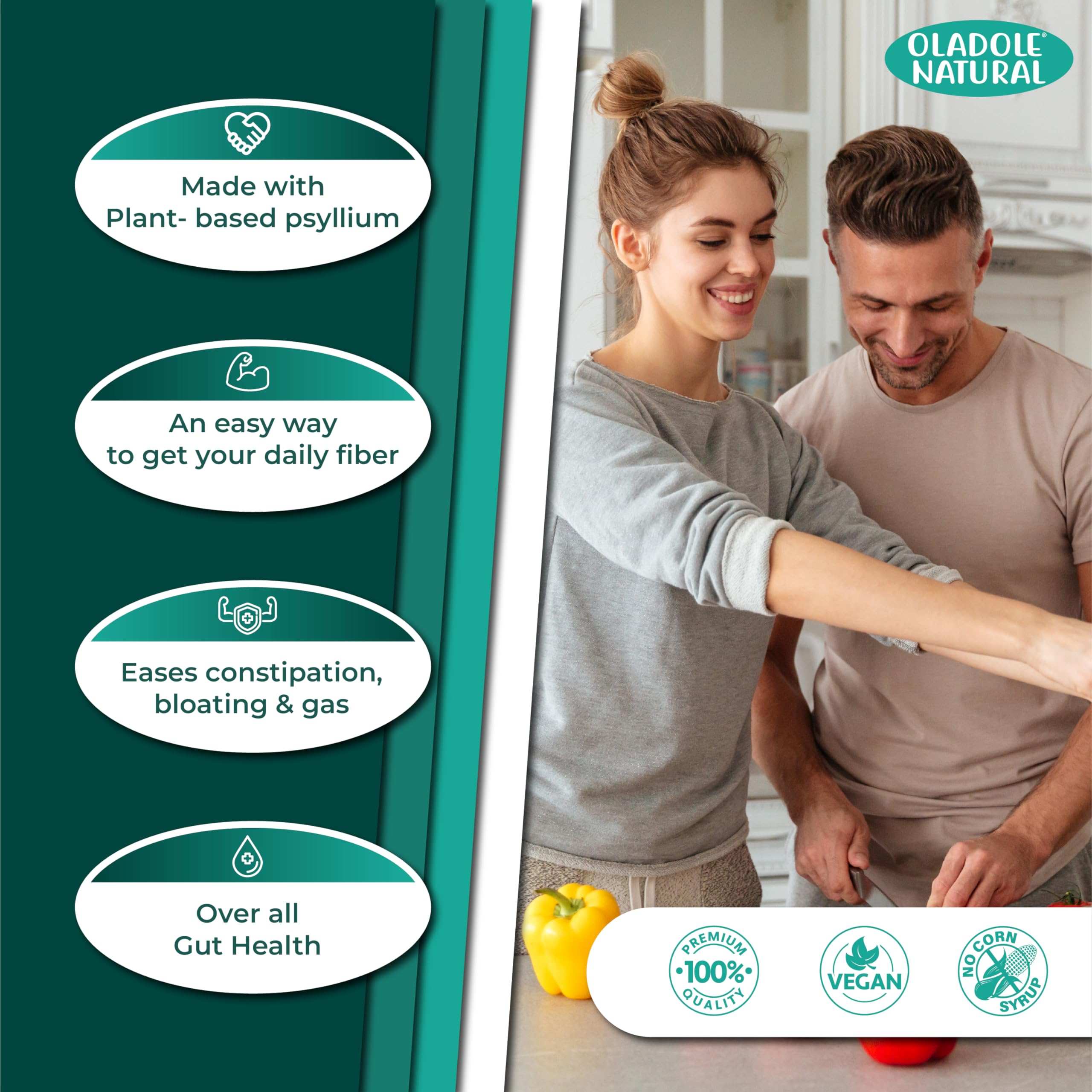 Oladole Natural psyllium husk capsules UAE packaging showing benefits with smiling couple cooking